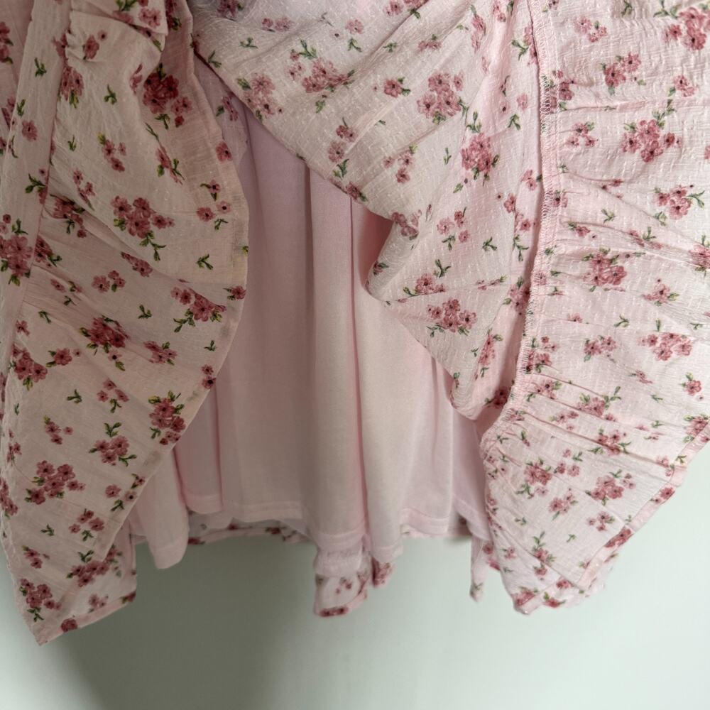 Blu Pepper Dress Women Medium Pink Tie Front Cottagecore Floral Mini Tiered Boho - Picture 7 of 9